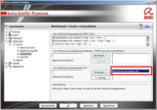 Webseite als Ausnahme bei AntiVir eintragen